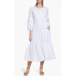 Caslon Eyelet Three-Quarter Sleeve Cotton Midi Dress‎ Size Large Tiered Peasant